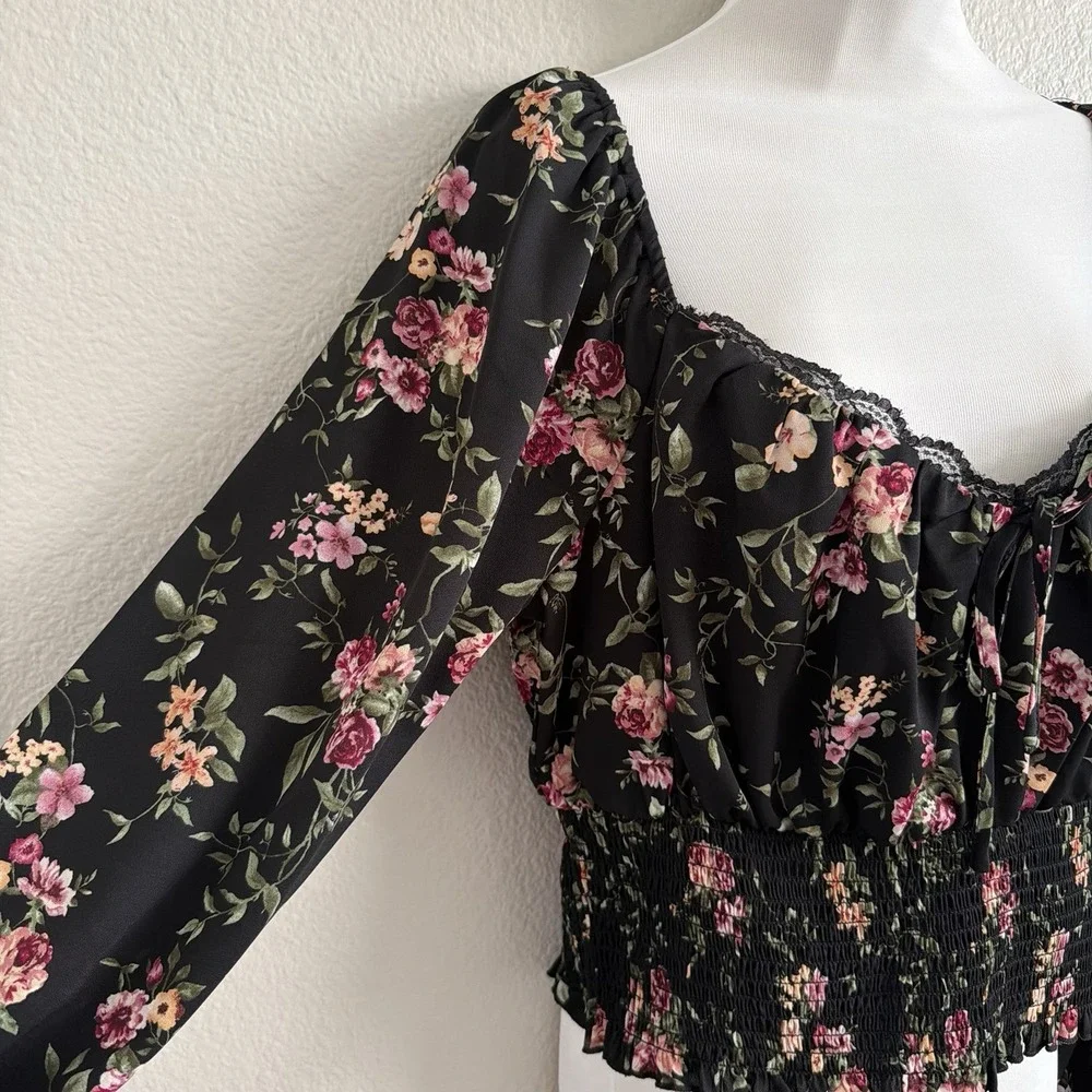1X XL Floral Boho Off the Shoulder Top Blouse Puff Sleeve Peasant Lace Trim - Picture 2 of 15